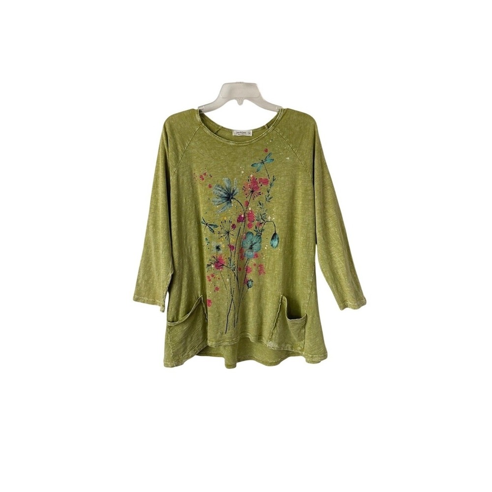 Jess & Jane Women's Green Floral Pocket Tunic Long Sleeves Flowy Artsy Lagenlook